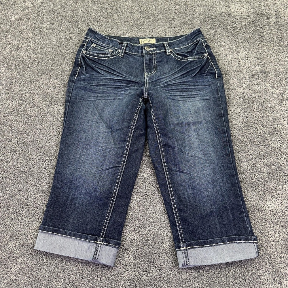 Earl Jean Jeans Womens 6P Blue Capri Cuffed Embroidered Studded Denim